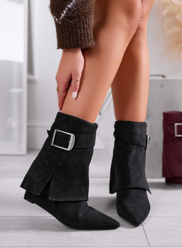 HARPER - Bottines noires en suède avec revers et semelle compensée