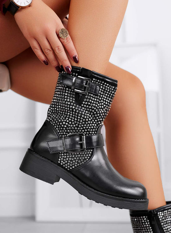 HERBY bottines biker noires avec strass gris et double boucle