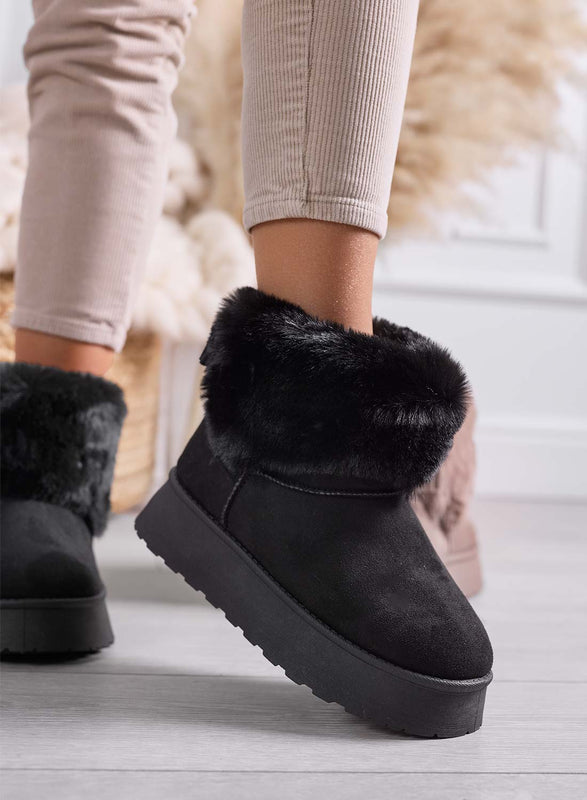 LIAA - Bottines noires pour femme rembourrées avec fausse fourrure douce