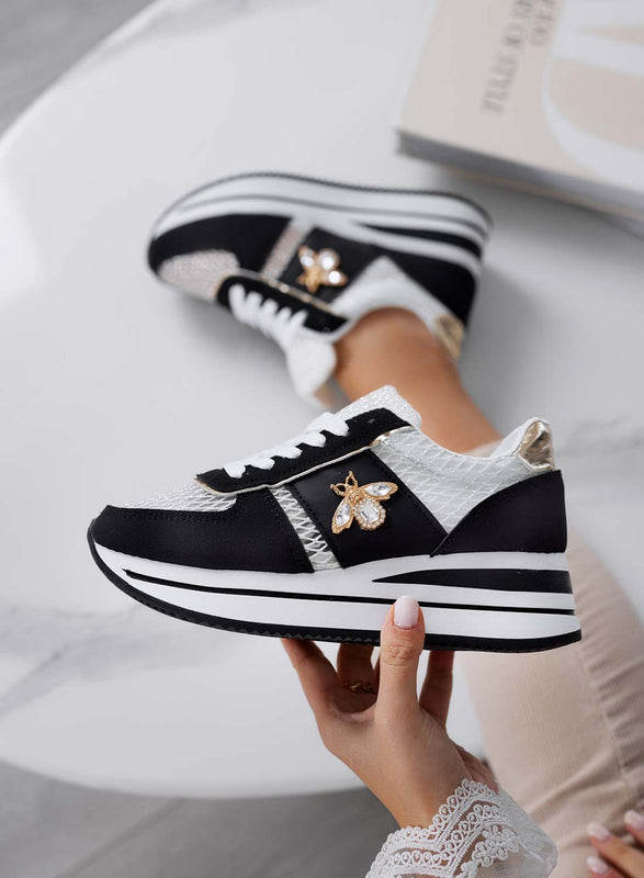 MOORE - Baskets noires avec maille respirante et bijou en forme d'abeille