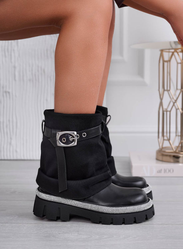 SALLY - Bottines noires à revers et bord strass
