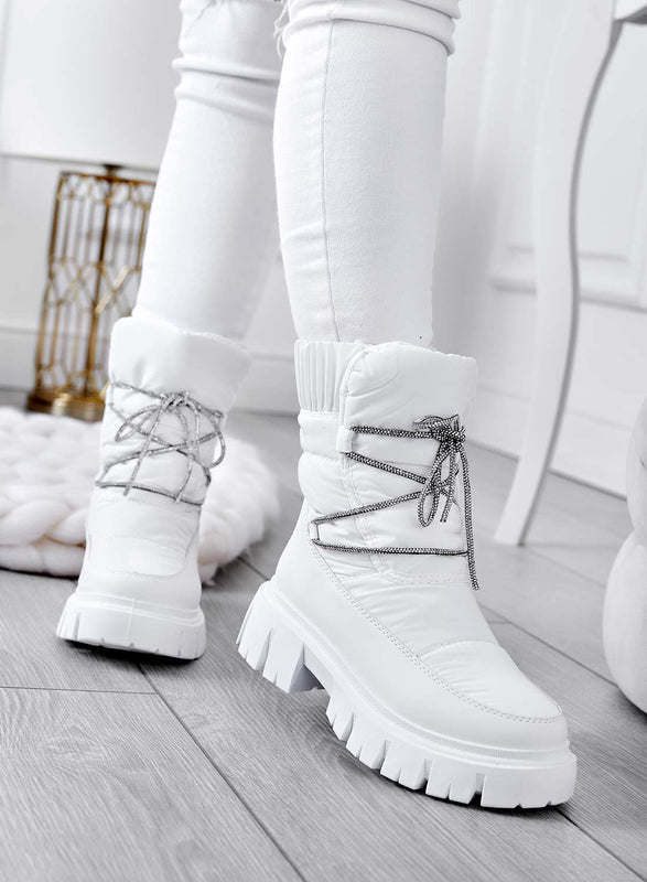 TINA - Bottines matelassées blanches à lacets en strass