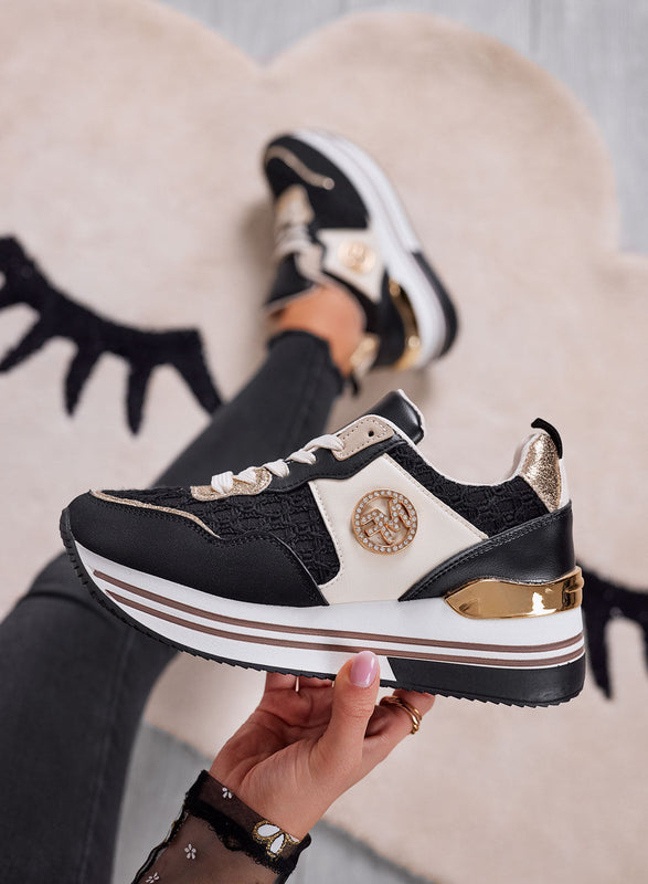 WALKER - Baskets noires pour femme avec détails dorés et semelle épaisse