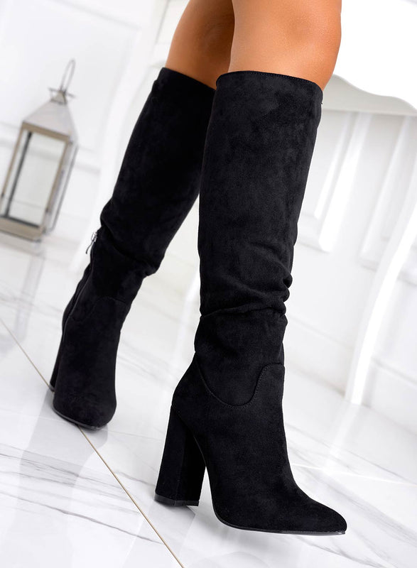 WENDY - Bottes noires en daim à talons hauts