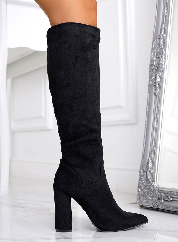 WENDY - Bottes noires en daim à talons hauts