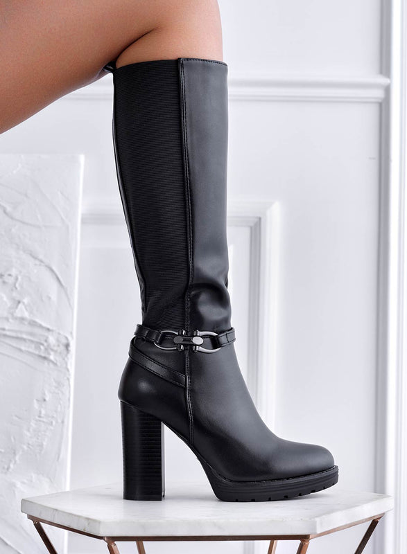 FALLS - Boots noires à talons de 10 cm et mollet élastiqué