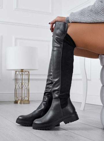 Black over-the-knee boots with stretch fabric back