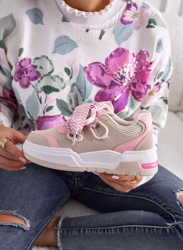 MITE - Baskets beige et roses avec lacets larges
