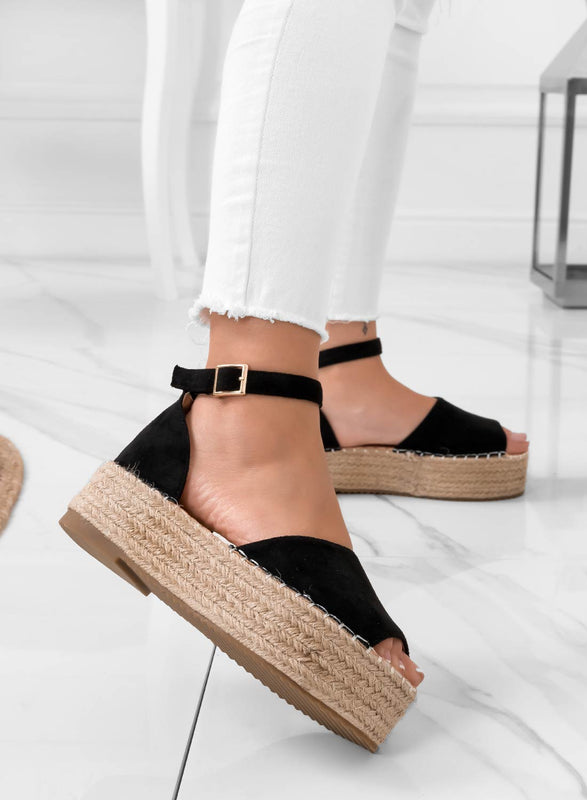 LICIA - Espadrilles en daim noir avec talon et bride