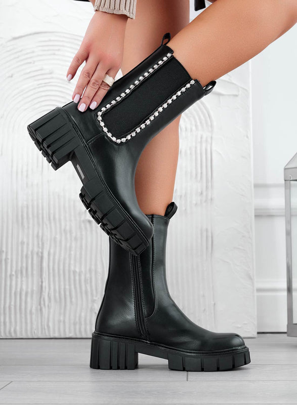 JASPER - Bottines noires avec élastique et bande bijou