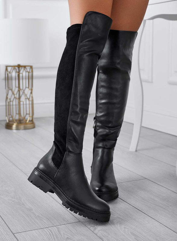 Stivali neri alla coscia con retro in tessuto elastico