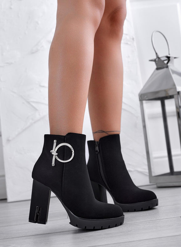 JOLENE - Bottines noires avec application bijou argenté