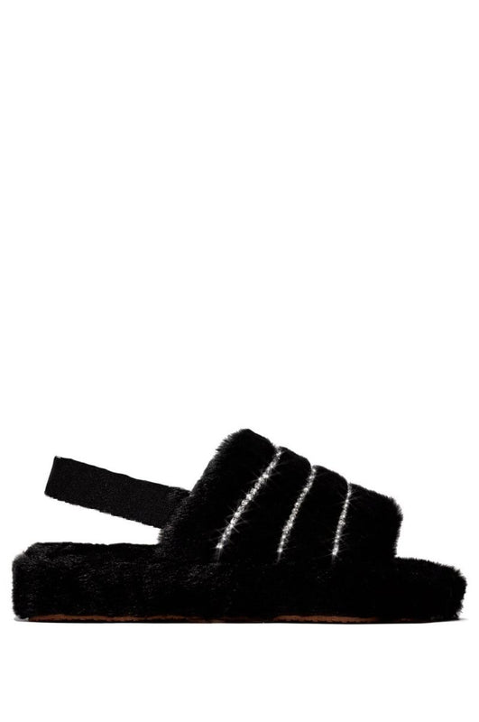 LEYLA - Chaussons noirs en fausse fourrure avec strass et bande élastique