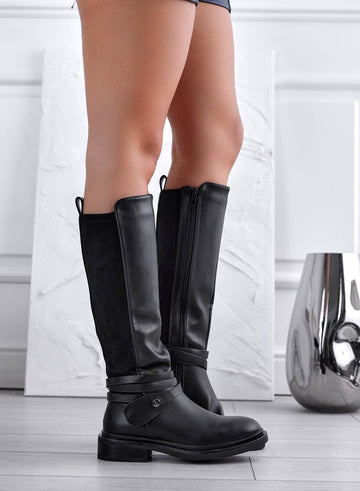 GIORDANA - Bottes noires en similicuir avec dos en daim et lacet