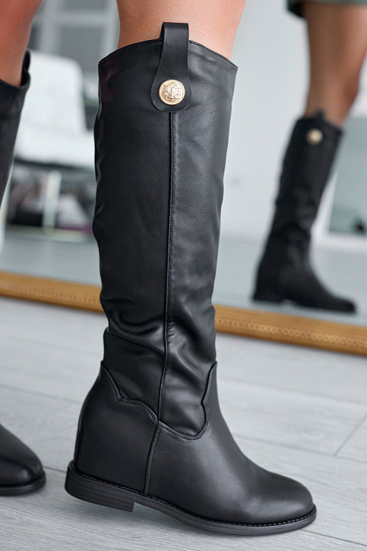 ROYAL - Bottes Alexoo noires avec talon compensé interne et bouton doré