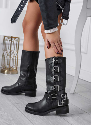 Bottines noires biker avec boucles argentées