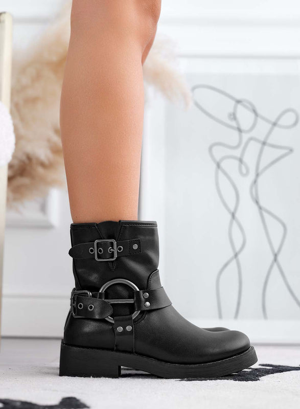 Black biker ankle boots with buckles