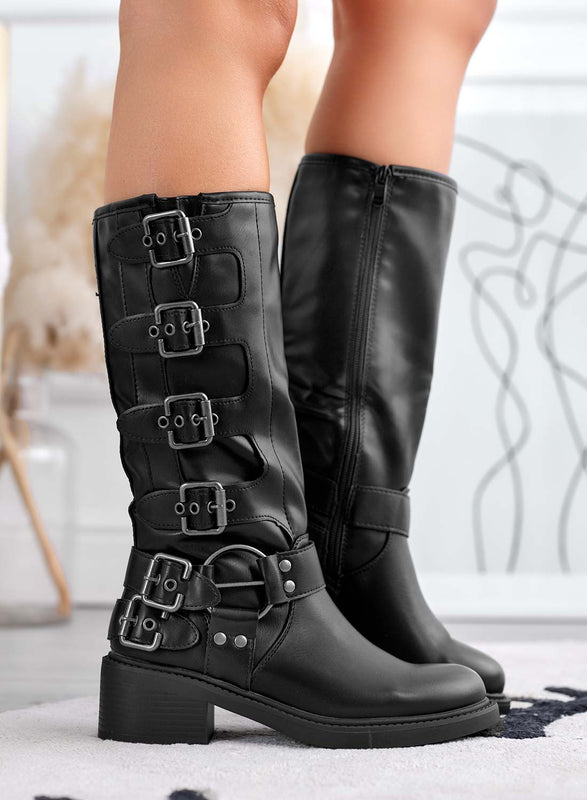Bottes biker noires avec boucles