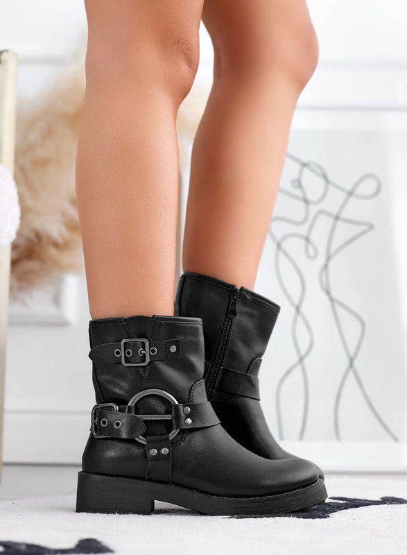 Black biker ankle boots with buckles