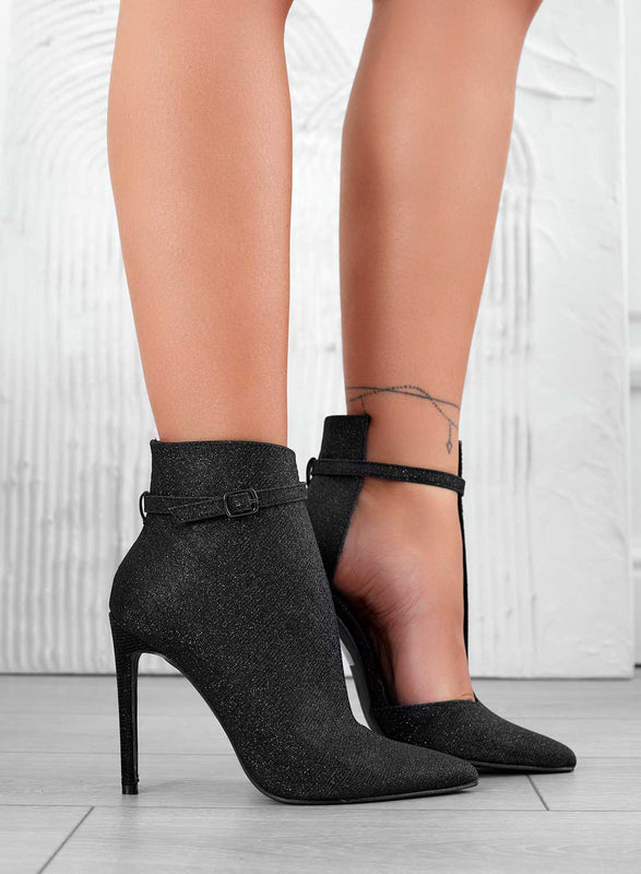ADELAIDE - Black glitter ankle boots with side opening and high stiletto heel