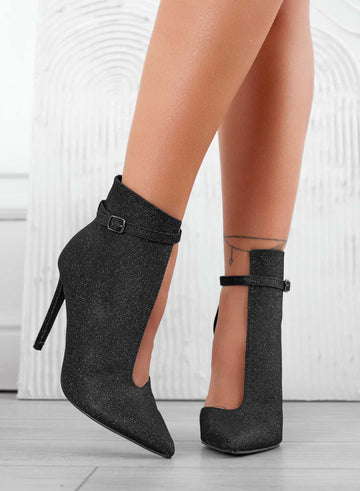 ADELAIDE - Black glitter ankle boots with side opening and high stiletto heel