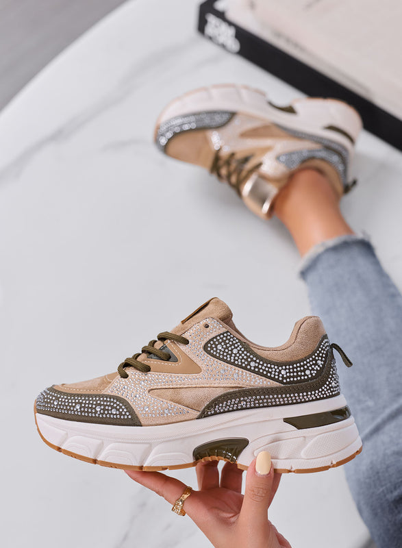 LOGAN - Sneakers Donna Beige e Verde con Strass e Suola Chunky