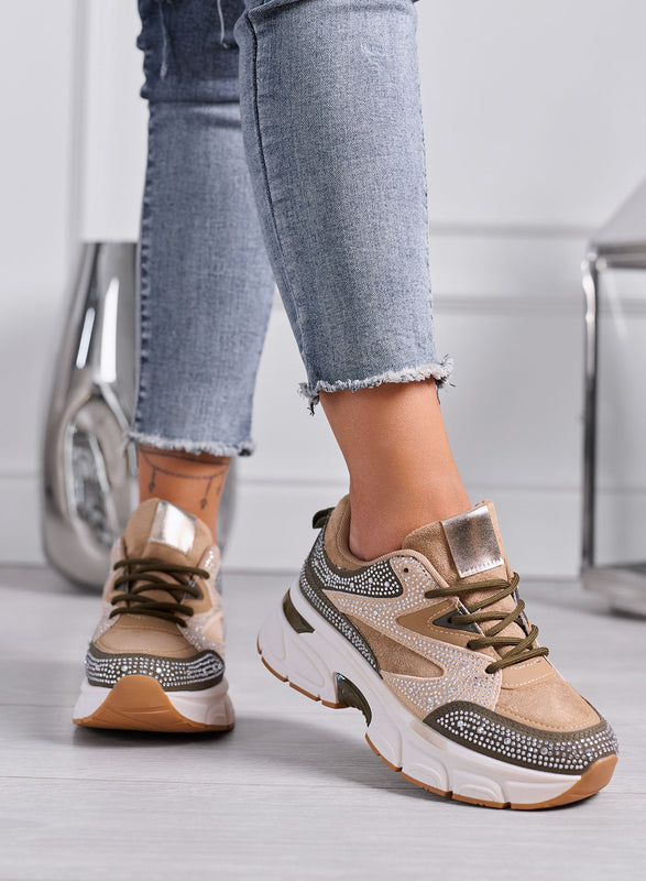 LOGAN - Sneakers Donna Beige e Verde con Strass e Suola Chunky