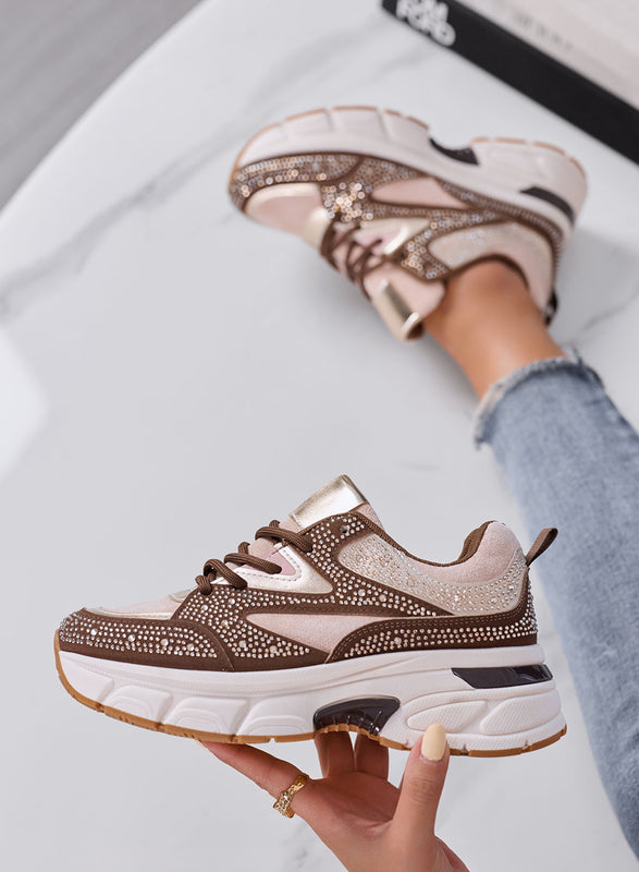 LOGAN - Sneakers Donna Marroni e Rosa con Strass e Suola Chunky