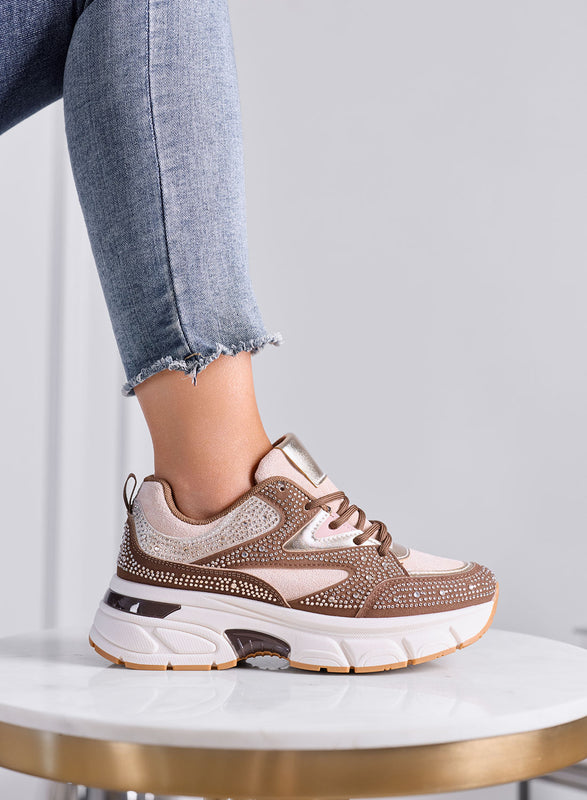 LOGAN - Sneakers Donna Marroni e Rosa con Strass e Suola Chunky