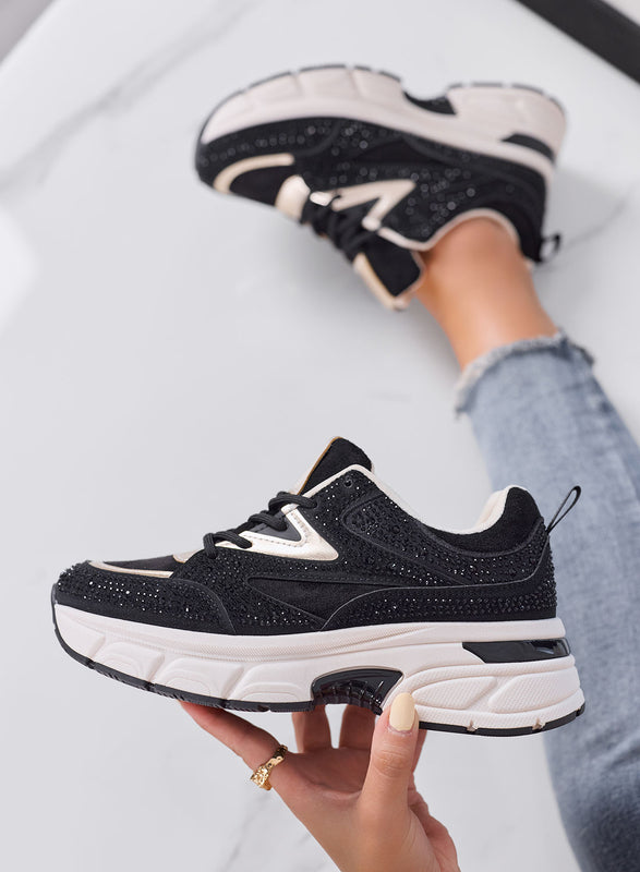 LOGAN - Sneakers Donna Nere e Oro con Strass e Suola Chunky