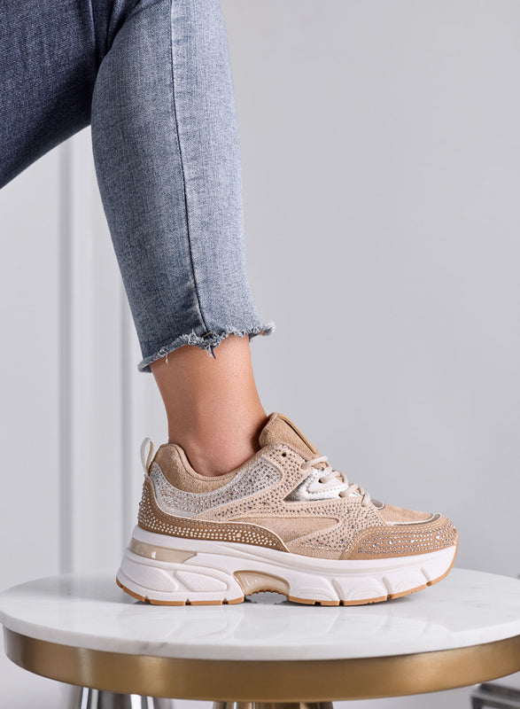 LOGAN - Sneakers Donna fango e beige con Strass e Suola Chunky