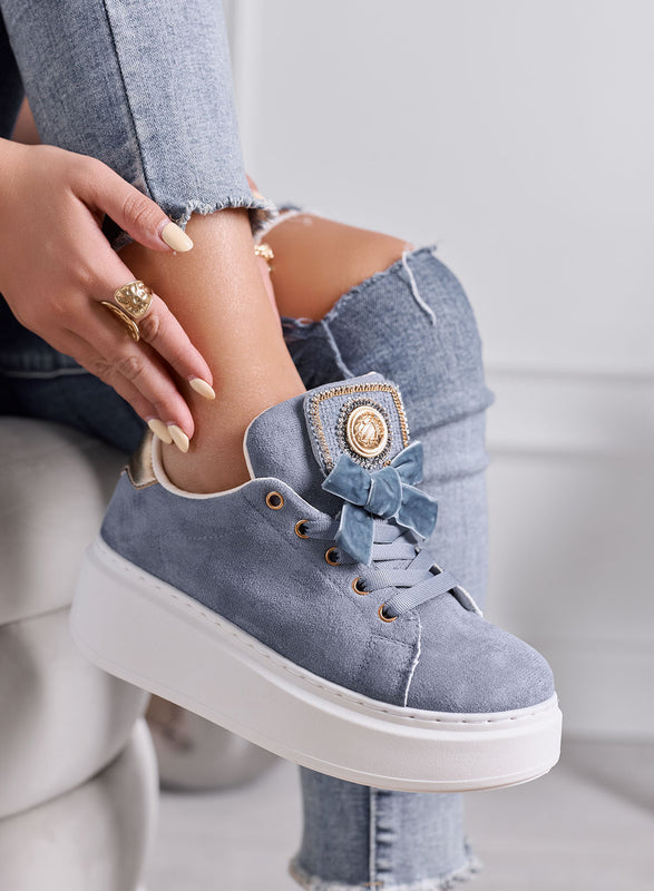 HANNA - Sneakers Donna Platform Azzurro polvere con Dettagli Oro