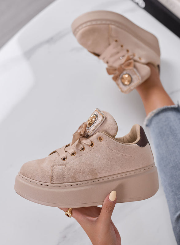 HANNA - Sneakers Donna Platform Beige in Camoscio con Dettagli Oro