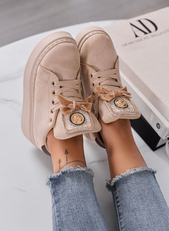 HANNA - Sneakers Donna Platform Beige in Camoscio con Dettagli Oro
