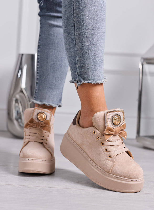 HANNA - Sneakers Donna Platform Beige in Camoscio con Dettagli Oro