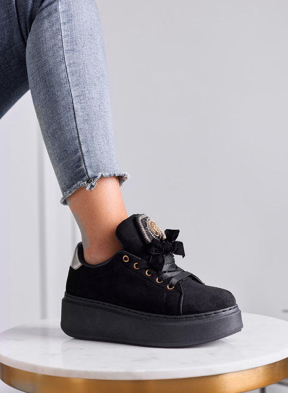 HANNA - Sneakers Donna Nere Platform in Camoscio con Dettagli Oro