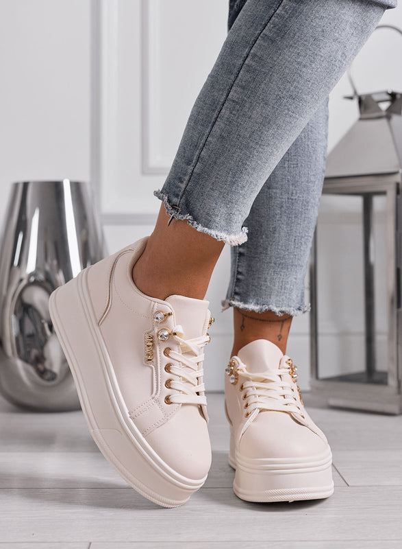 FLORA - Sneakers Platform Donna beige con Dettagli Gioiello