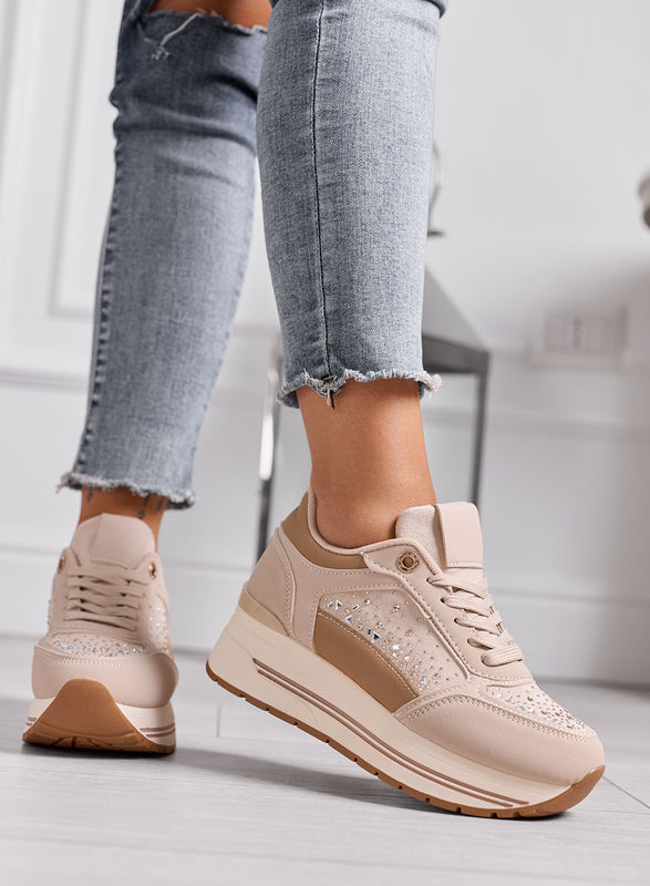 ELEONORA - Sneakers Platform Donna Beige con Strass