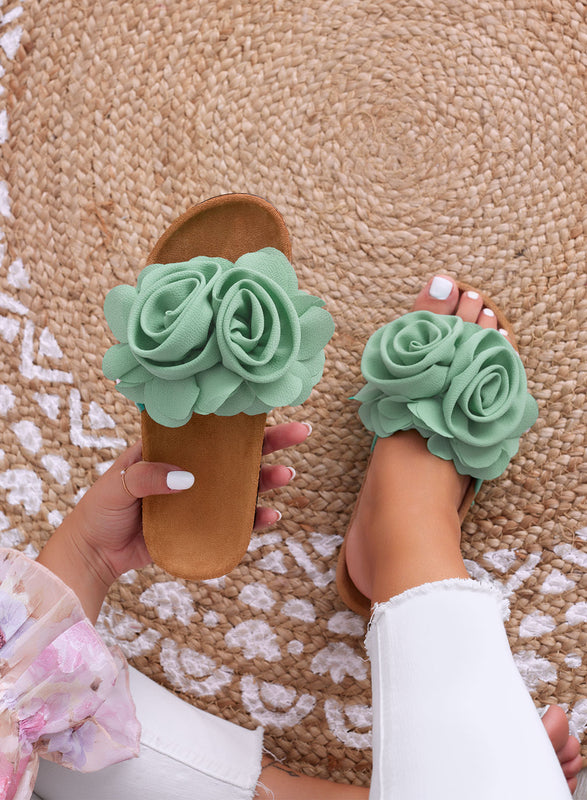 SUMMER - Mint green slide sandals with applied flowers