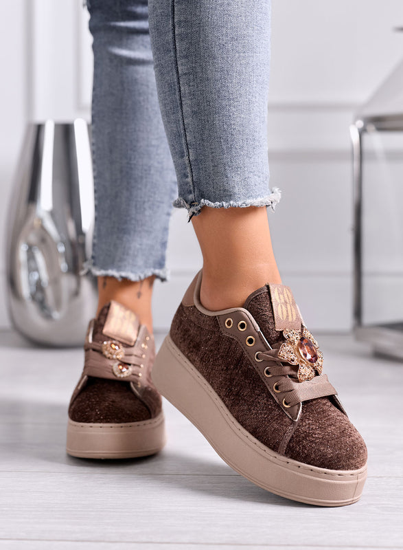 NINFA - Sneakers marroni platform in tessuto laminato e applicazione gioiello