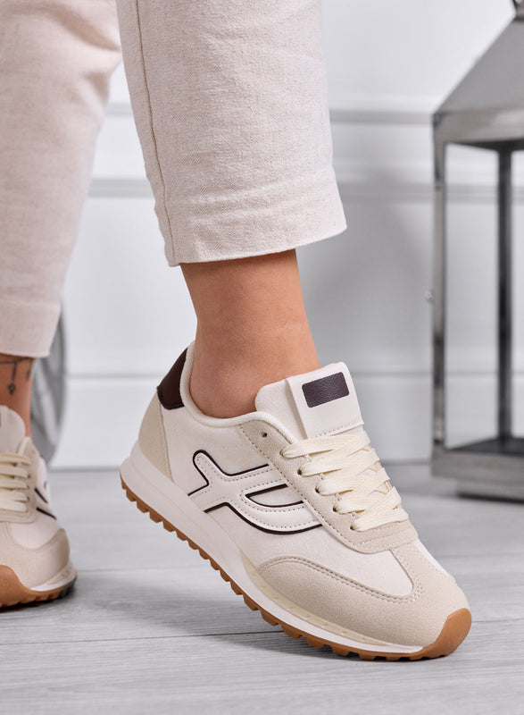 MONICA - Sneakers beige con inserti bianchi e lacci panna