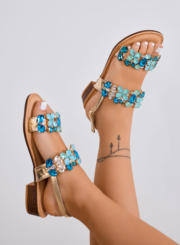 DIAMOND - Sandali azzurri Bassi con Pietre Gioiello e Cinturino