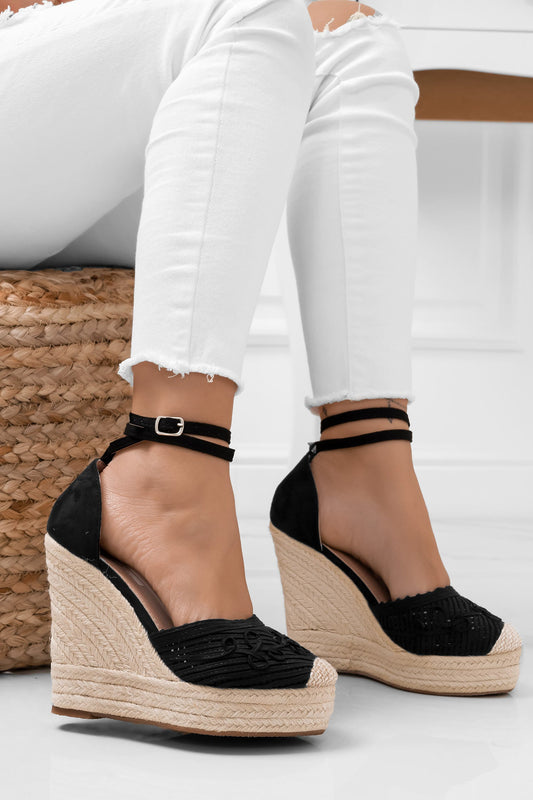 RORY - Espadrilles nere con zeppa in corda e ricamo