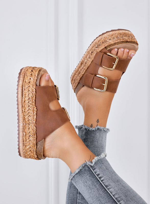 DANIEL - Sandales marron à plateforme, double boucle et semelle en corde