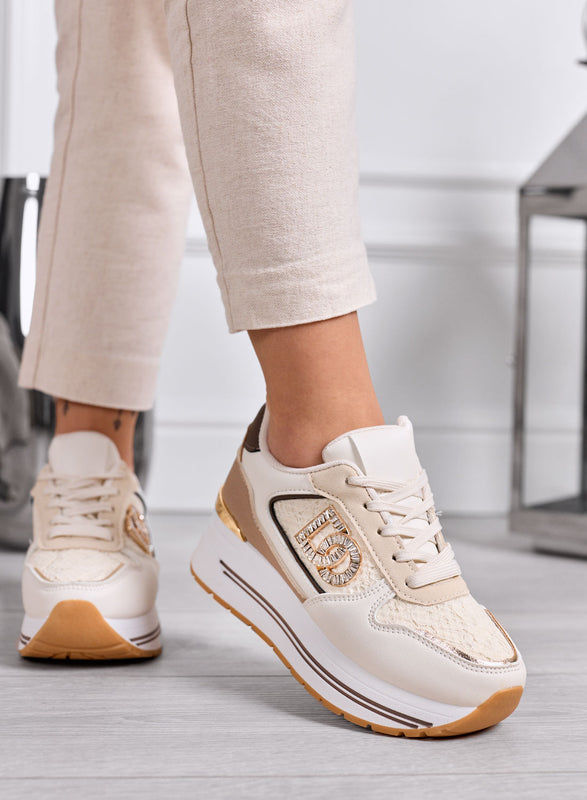 ESTER - Zapatillas beige con plataforma, detalles marrones y logotipo joya