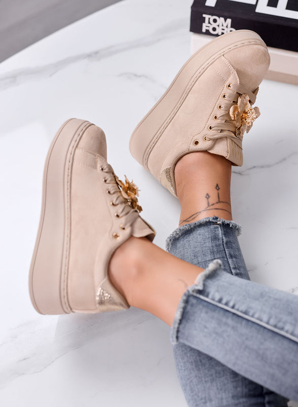 ORNELLA - Beige Platform Loafer Sneakers with Fringes and Beads