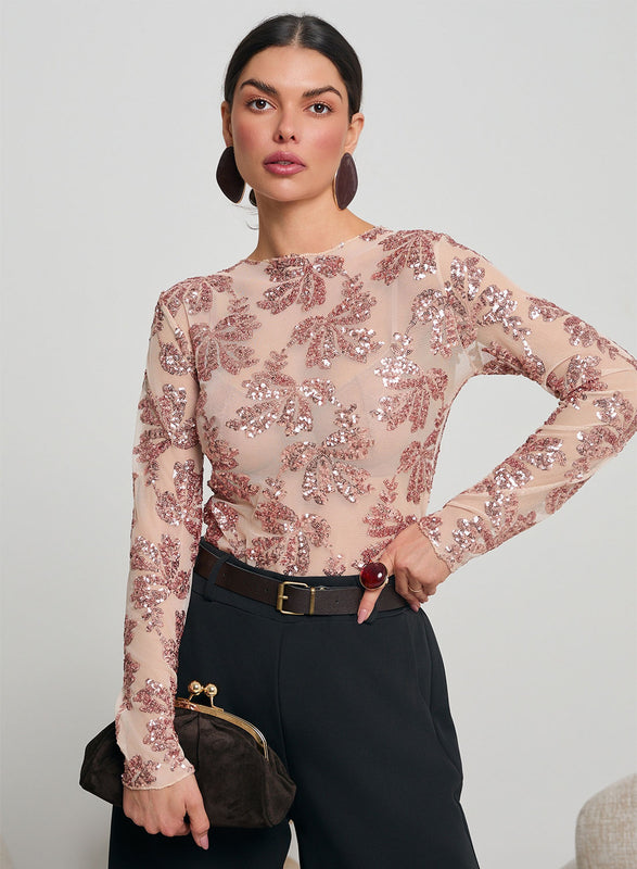 Maglia body nude trasparenti con dettagli in paillettes