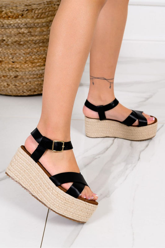 MARTINA - Sandales en espadrille noires avec talon en corde