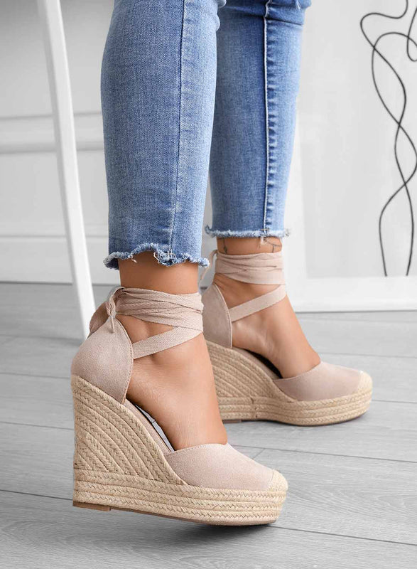 AMBRA - Espadrilles beiges avec corde et talon compensé en dentelle