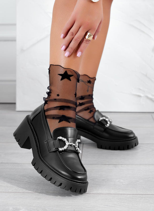 SARA - Mocassini neri con applicazione gioiello